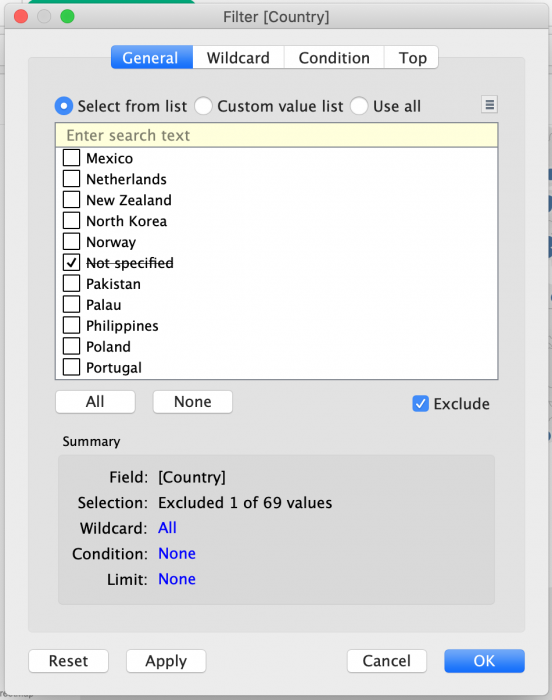 Excluding not specified values